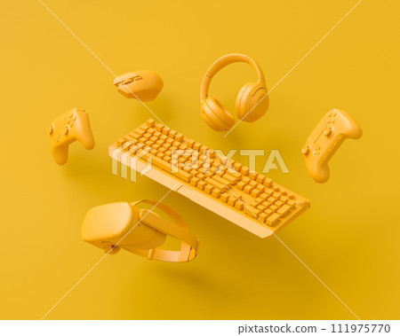 Flying gamer gears like mouse, keyboard, joystick, headset, VR, microphone Flying gamer gears like mouse, keyboard, joystick, headset, VR, microphone 111975770