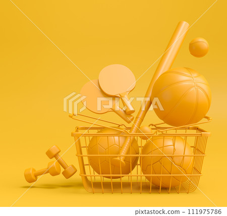 Sport equipment for fitness, gym in shopping basket on monochrome 111975786