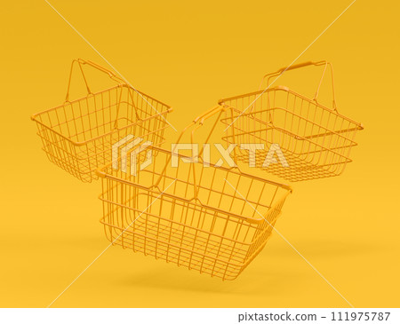 Set of flying metal wire basket for online shopping on monochrome 111975787