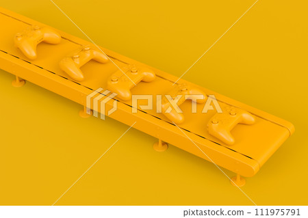 Set of gamer joysticks or gamepads on factory line on monochrome background Set of gamer joysticks or gamepads on factory line on monochrome background 111975791