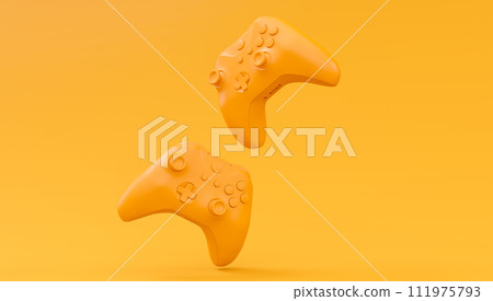 Video game joysticks or gamepads in plain monochrome yellow color background 111975793