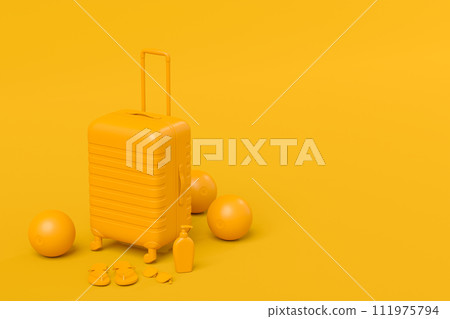 Colorful suitcase or baggage with beach accessories on monochrome background. Colorful suitcase or baggage with beach accessories on monochrome background. 111975794