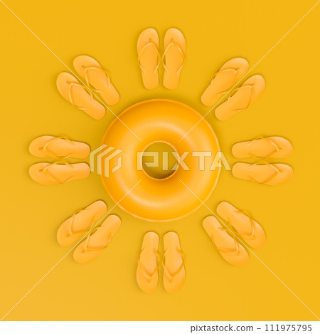 Colorful inflatable ring and flip flops like sun on monochrome background 111975795