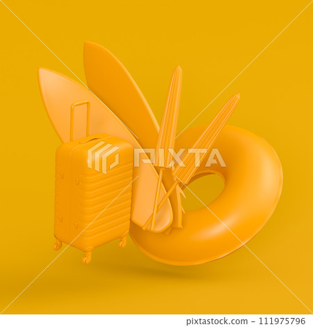 Colorful surfboard, beach ring, umbrellas and scuba mask on monochrome. 111975796