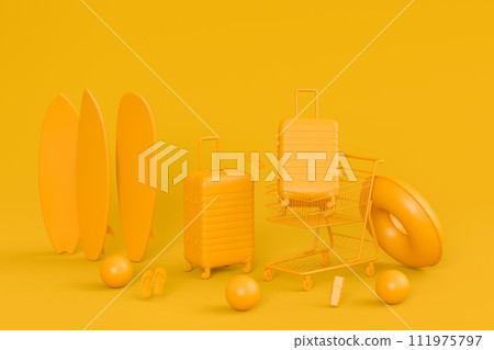 Colorful beach accessories and shopping trolley on monochrome background. Colorful beach accessories and shopping trolley on monochrome background. 111975797