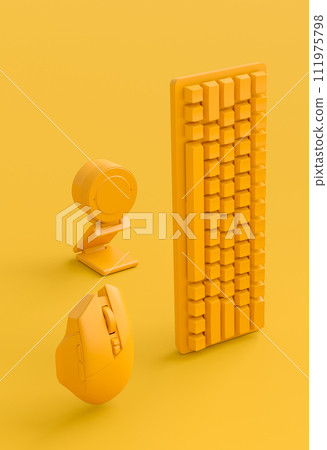 Standing gamer gears like mouse, keyboard and web camera on monochrome 111975798