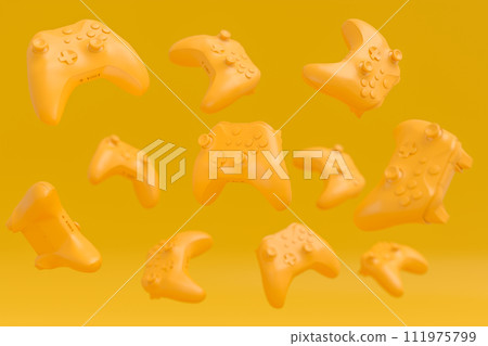 Set of flying gamer joysticks or gamepads on monochrome background 111975799