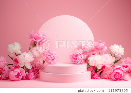 3d render, abstract minimal scene with geometrical forms, podiums, palm leaves, flowers on a pink background. 111975805