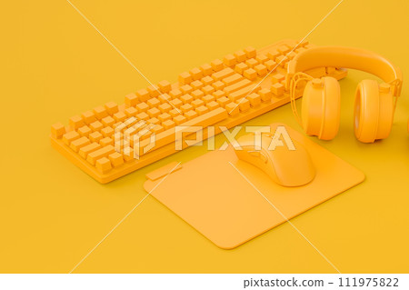 Modern home office setup featuring keyboard, mouse and headphones Modern home office setup featuring keyboard, mouse and headphones 111975822