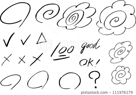 Hanamaru, black circle, calligraphy, test scoring, hand-drawn set 111976179