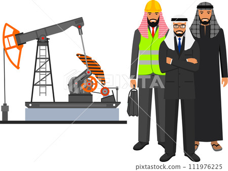 Arab Muslim Businessman, Engineer and Oil Pump in Flat Style. Vector Illustration. Arab Muslim Businessman, Engineer and Oil Pump in Flat Style. Vector Illustration. 111976225