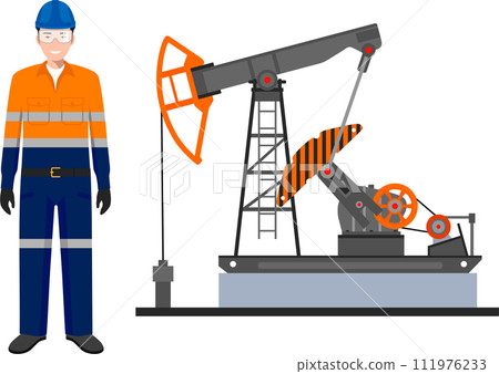 Standing Worker in Work Uniform, Safety Helmet and Oil Pump in Flat Style. Vector Illustration 111976233