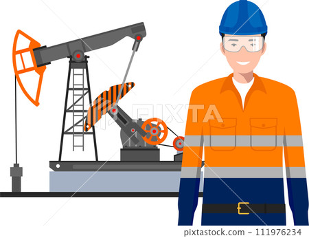Standing Worker in Work Uniform, Safety Helmet and Oil Pump in Flat Style. Vector Illustration Standing Worker in Work Uniform, Safety Helmet and Oil Pump in Flat Style. Vector Illustration 111976234