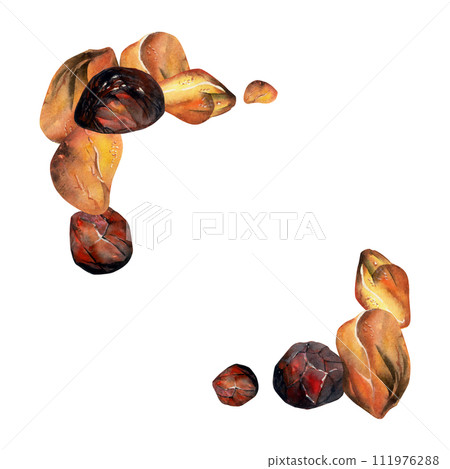 Hand drawn watercolor illustration precious semiprecious jewel gem crystal chakra birth stone. Amber garnet sunstone. Square frame isolated on white background. Design print, shop, jewelry, fashion Hand drawn watercolor illustration precious semiprecious jewel gem crystal chakra birth stone. Amber garnet sunstone. Square frame isolated on white background. Design print, shop, jewelry, fashion 111976288