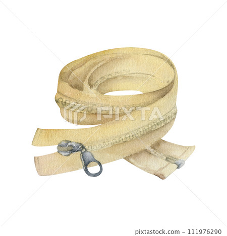 Hand drawn watercolor illustration sewing craft seamstress supplies tools. Clothing clasp fabric zippers fly fasteners. Set of objects isolated on white background. Design atelier, tailor, hobby shop 111976290