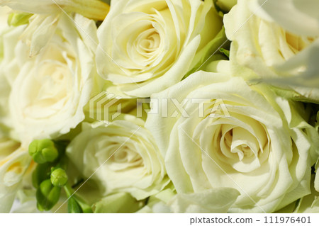 Bouquet of fresh flowers, close-up, side view. 111976401