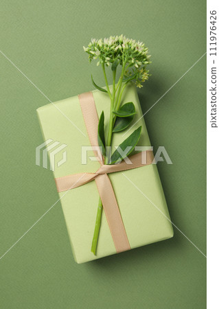 A gift with flowers on a green background. 111976426