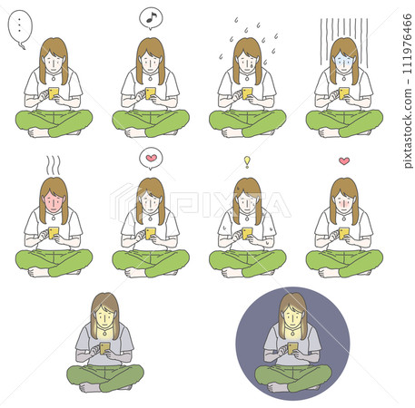 An illustration set of a long-haired brown-haired woman sitting cross-legged while holding a smartphone and making various expressions. An illustration set of a long-haired brown-haired woman sitting cross-legged while holding a smartphone and making various expressions. 111976466