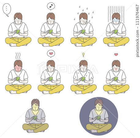 An illustration set of a boy in a white shirt sitting cross-legged while holding a smartphone and making various expressions. 111976467
