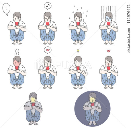 A set of 10 illustrations of a man in a dress shirt doing sports sitting while holding a smartphone and making various expressions. 111976471
