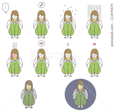A set of 10 illustrations of a woman with long brown hair doing sports sitting while holding a smartphone and making various expressions. A set of 10 illustrations of a woman with long brown hair doing sports sitting while holding a smartphone and making various expressions. 111976474