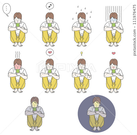 A set of 10 illustrations of a boy in a white shirt doing sports sitting while holding a smartphone with various expressions. 111976475