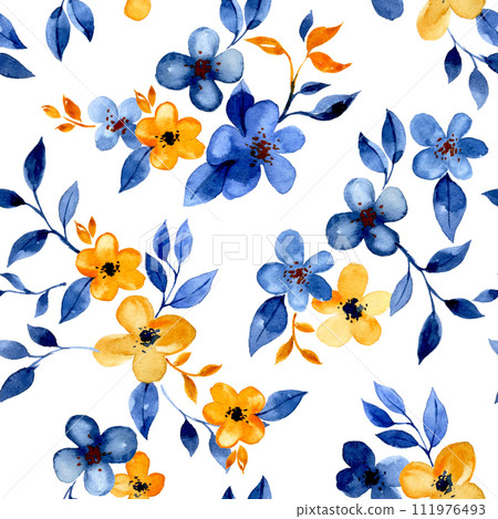 seamless pattern with blue and yellow watercolor flowers and leaves. small, simple flowers on a white background. 111976493