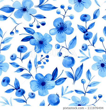 seamless pattern with blue watercolor flowers and leaves. small, simple flowers on a white background. 111976494