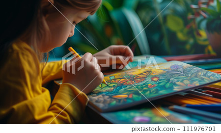AI-generated content. Close-up of a Child Drawing in an Album 111976701