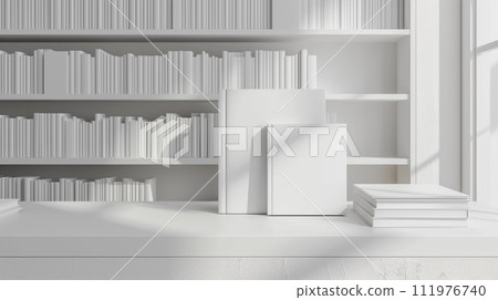 AI-generated content. White Bleached Bookshelf and Empty White Book with Blank Cover 111976740