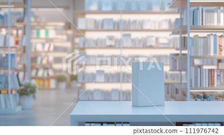 AI-generated content. White Bleached Bookshelf and Empty White Book with Blank Cover 111976742