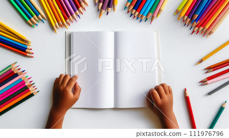 AI-generated content. Close-Up of Children's Hands with Coloring Book and Pencils Around AI-generated content. Close-Up of Children's Hands with Coloring Book and Pencils Around 111976796
