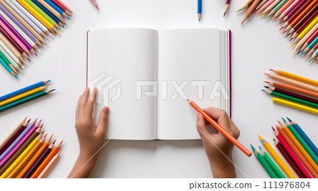 AI-generated content. Close-Up of Children's Hands with Coloring Book and Pencils Around AI-generated content. Close-Up of Children's Hands with Coloring Book and Pencils Around 111976804