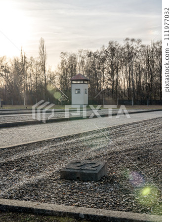 Old World War 2 Watchtower in the Dachau Concentration camp memorial 111977032