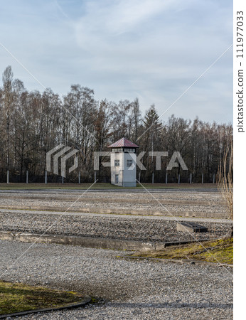 Old World War 2 Watchtower in the Dachau Concentration camp memorial 111977033
