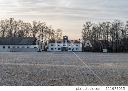 Main security building, entrance at Dachau concentration camp in Dachau, Germany 111977035