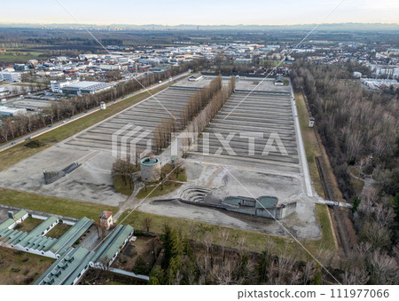 aerial View of the Dachau Concentration Camp in Bavaria, Germany aerial View of the Dachau Concentration Camp in Bavaria, Germany 111977066