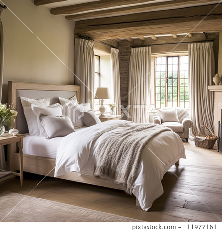 Bedroom decor, interior design and holiday rental, classic bed with elegant plush bedding and furniture, English country house and cottage style 111977161