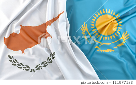 Ruffled Flags of Cyprus and Kazakhstan. 3D Rendering 111977188