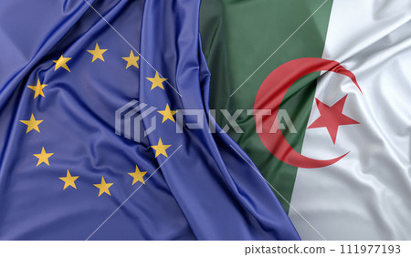 Ruffled Flags of European Union and Algeria. 3D Rendering 111977193