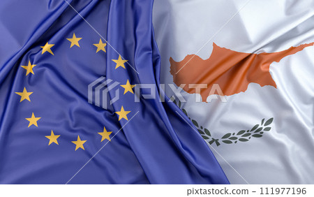 Ruffled Flags of European Union and Cyprus. 3D Rendering 111977196