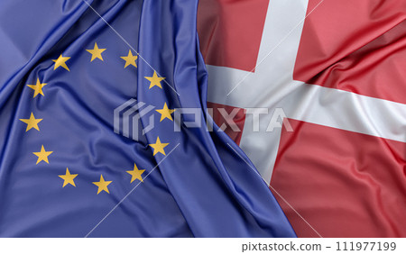 Ruffled Flags of European Union and Denmark. 3D Rendering Ruffled Flags of European Union and Denmark. 3D Rendering 111977199