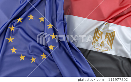 Ruffled Flags of European Union and Egypt. 3D Rendering 111977202