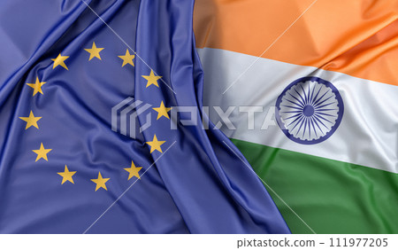 Ruffled Flags of European Union and India. 3D Rendering 111977205