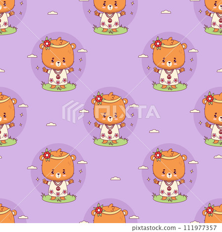 Seamless pattern with hippy bear girl on purple background. Funny retro groovy kawaii animal character. Vector illustration. 111977357