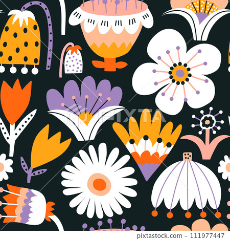 Seamless floral vector pattern with abstract flowers. Creative botanical background. Vector illustration 111977447