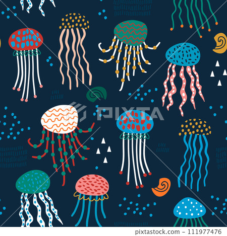 Seamless undersea pattern with abstract colorful jellyfishes. Creative modern childrens background. Perfect for kids apparel,fabric, textile, nursery decoration,wrapping paper. Vector Illustration Seamless undersea pattern with abstract colorful jellyfishes. Creative modern childrens background. Perfect for kids apparel,fabric, textile, nursery decoration,wrapping paper. Vector Illustration 111977476