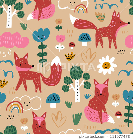 Seamless childish pattern with cute foxes. Creative kids forest texture for fabric, wrapping, textile, wallpaper, apparel. Vector illustration 111977478