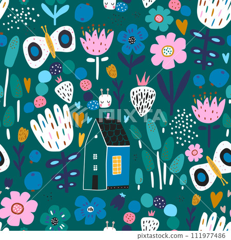 Seamless childish pattern with butterfly, flowers, caterpillar. Creative cartoon garden kids texture for fabric, wrapping, textile, wallpaper, apparel. Vector illustration 111977486