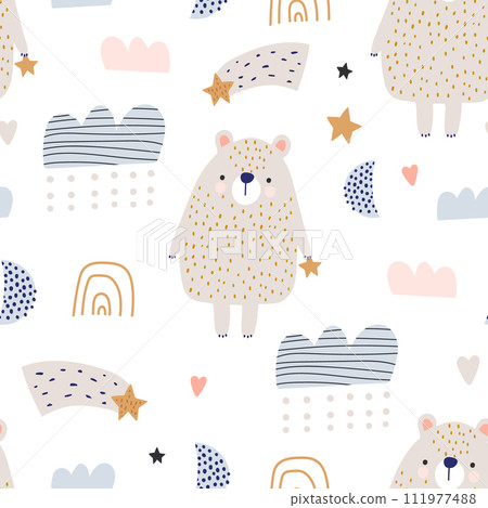 Seamless pattern with cute cartoon bear, clouds. Creative Scandinavian style childish texture. Great for fabric, textile Vector Illustration 111977488